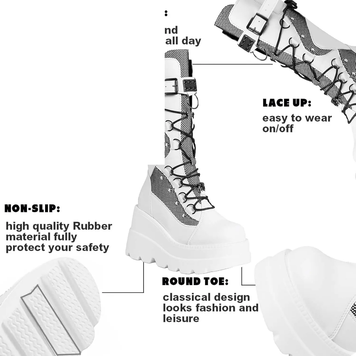 Goth Platform Boots Chunky Wedge Heel Rave Combat Boots - SS69