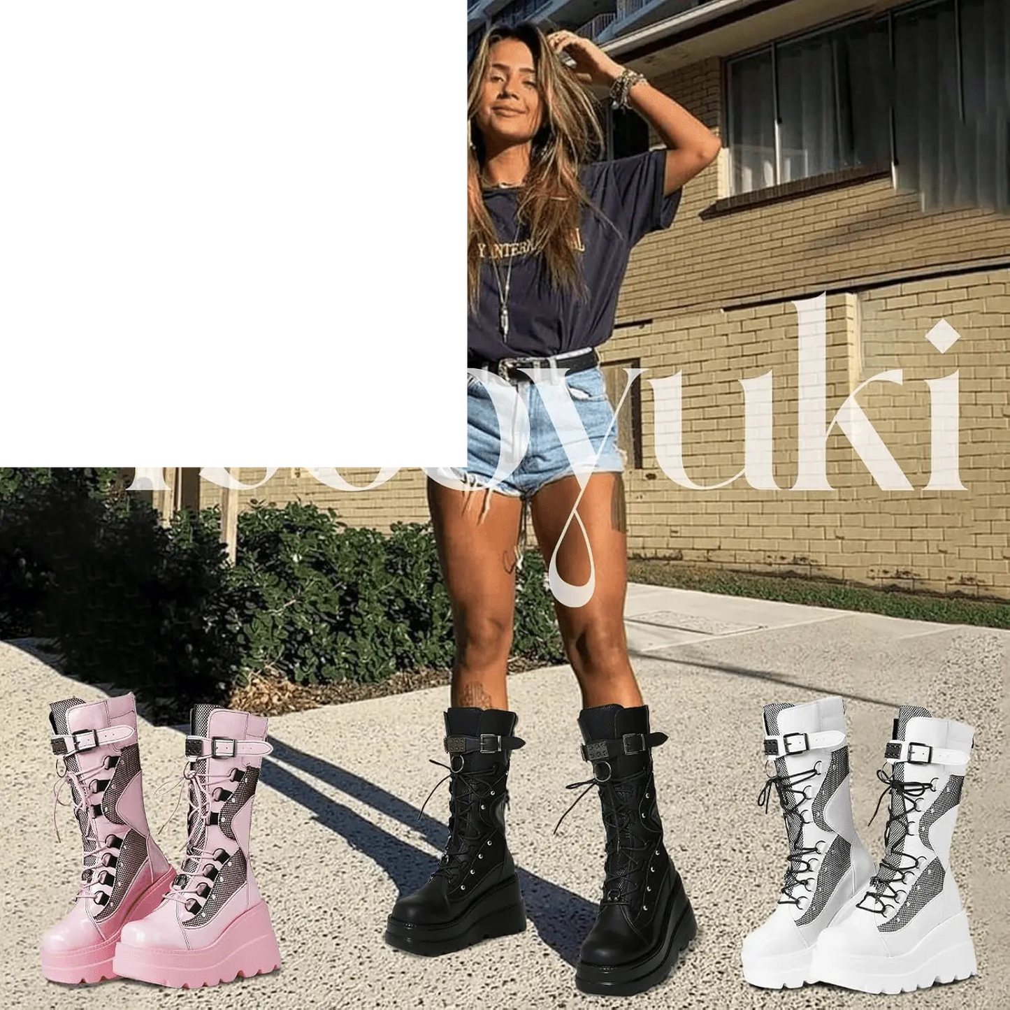 Goth Platform Boots Chunky Wedge Heel Rave Combat Boots - SS69