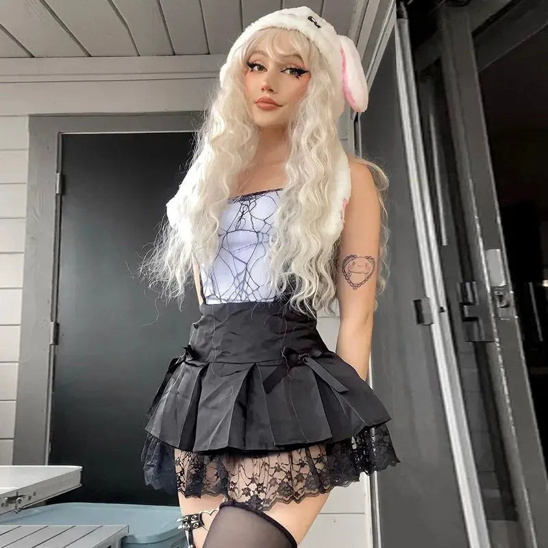 Gothic Cami Tops Y2K Aesthetic Grunge Mall Goth Crop Top Mesh Spider Net Lace Tank Lace Top E-girl Harajuku Slim Tees - SS69