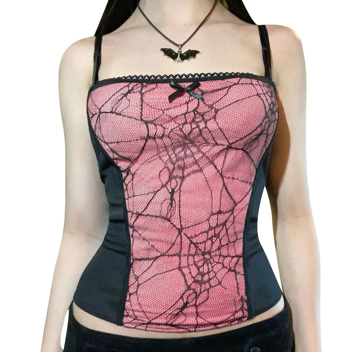 Gothic Cami Tops Y2K Aesthetic Grunge Mall Goth Crop Top Mesh Spider Net Lace Tank Lace Top E-girl Harajuku Slim Tees - SS69