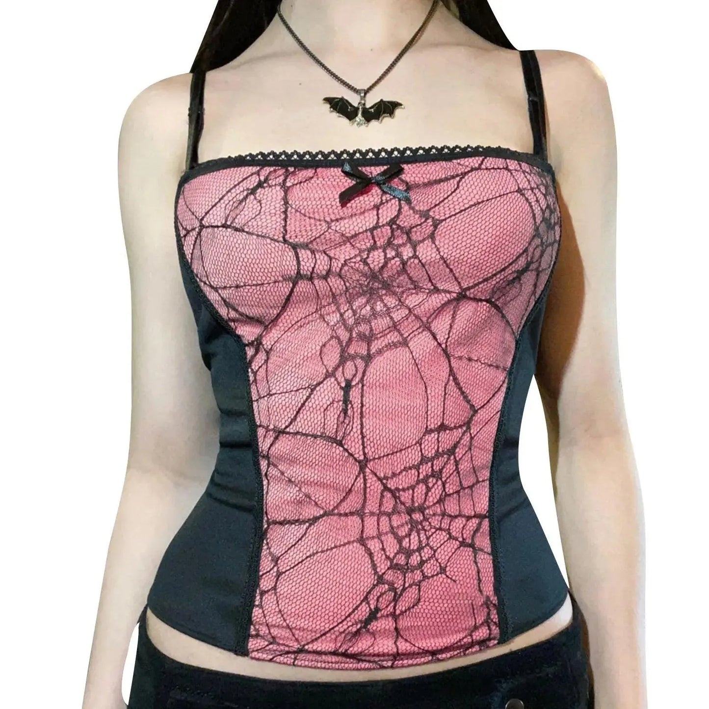 Gothic Cami Tops Y2K Aesthetic Grunge Mall Goth Crop Top Mesh Spider Net Lace Tank Lace Top E-girl Harajuku Slim Tees - SS69