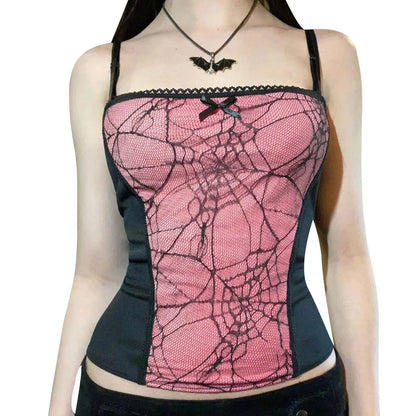 Gothic Cami Tops Y2K Aesthetic Grunge Mall Goth Crop Top Mesh Spider Net Lace Tank Lace Top E-girl Harajuku Slim Tees - SS69