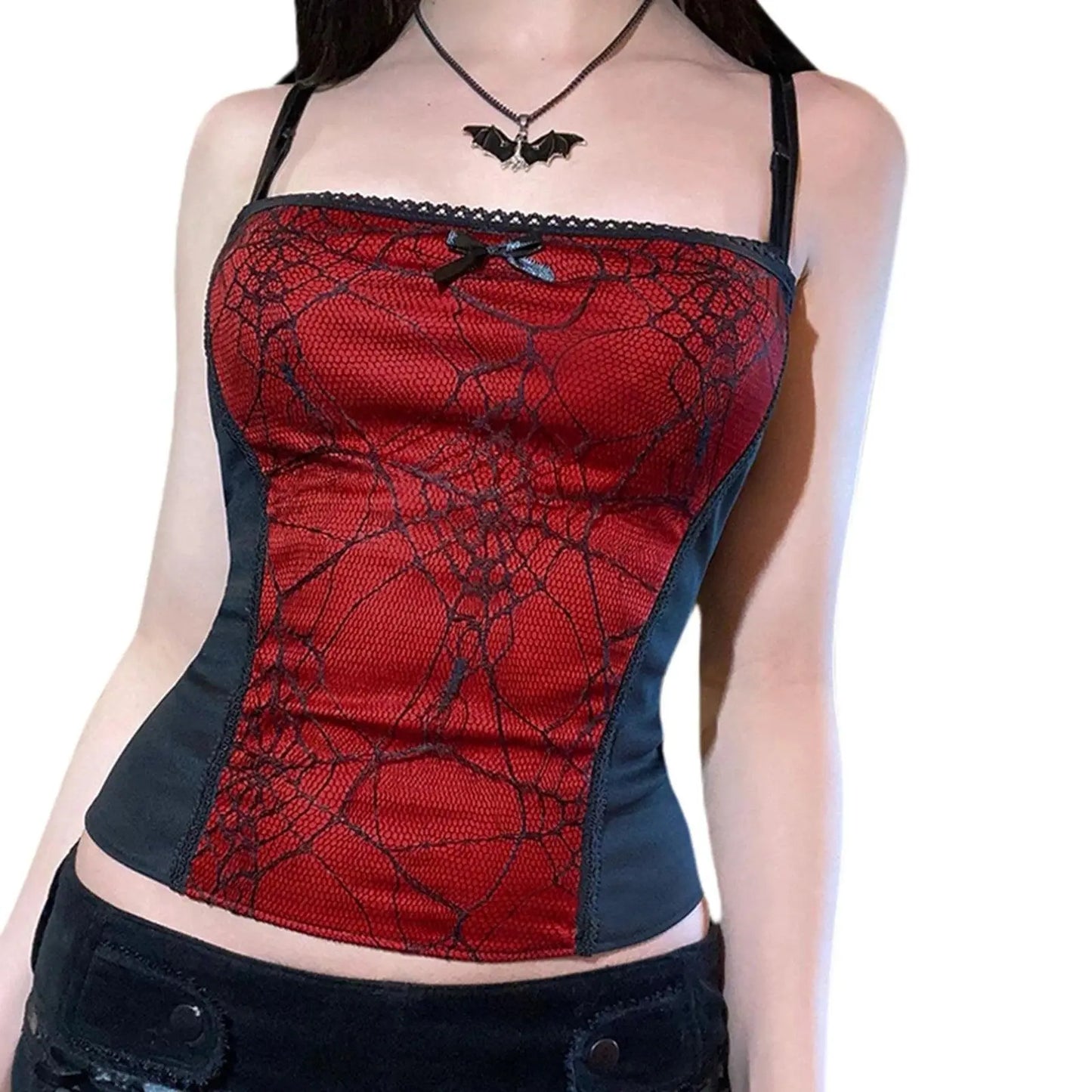 Gothic Cami Tops Y2K Aesthetic Grunge Mall Goth Crop Top Mesh Spider Net Lace Tank Lace Top E-girl Harajuku Slim Tees - SS69