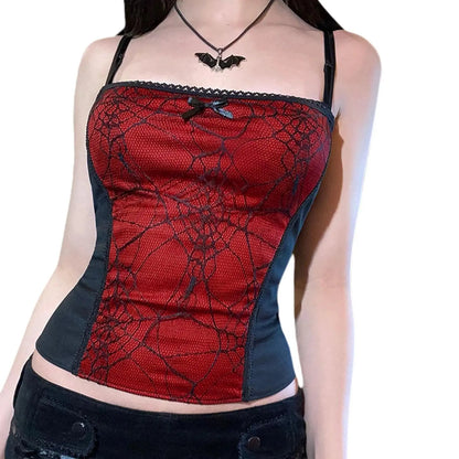 Gothic Cami Tops Y2K Aesthetic Grunge Mall Goth Crop Top Mesh Spider Net Lace Tank Lace Top E-girl Harajuku Slim Tees - SS69