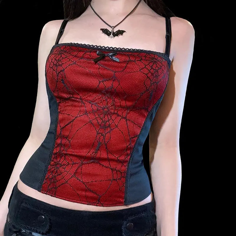 Gothic Cami Tops Y2K Aesthetic Grunge Mall Goth Crop Top Mesh Spider Net Lace Tank Lace Top E-girl Harajuku Slim Tees - SS69