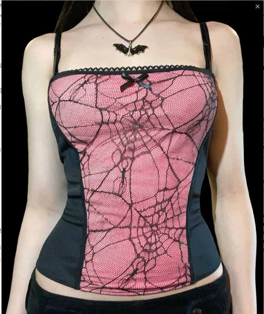 Gothic Cami Tops Y2K Aesthetic Grunge Mall Goth Crop Top Mesh Spider Net Lace Tank Lace Top E-girl Harajuku Slim Tees - SS69