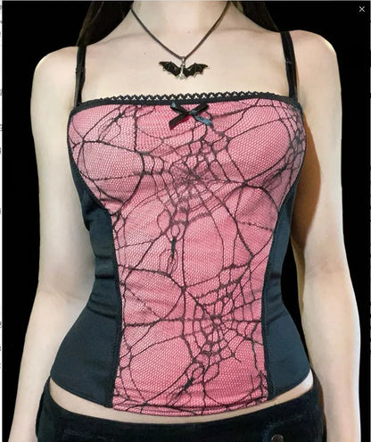 Gothic Cami Tops Y2K Aesthetic Grunge Mall Goth Crop Top Mesh Spider Net Lace Tank Lace Top E-girl Harajuku Slim Tees - SS69