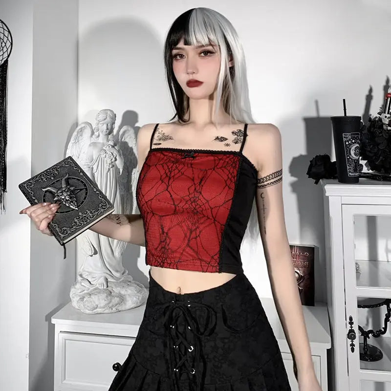 Gothic Cami Tops Y2K Aesthetic Grunge Mall Goth Crop Top Mesh Spider Net Lace Tank Lace Top E-girl Harajuku Slim Tees - SS69