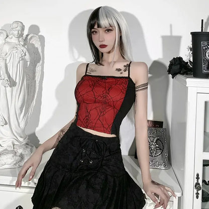 Gothic Cami Tops Y2K Aesthetic Grunge Mall Goth Crop Top Mesh Spider Net Lace Tank Lace Top E-girl Harajuku Slim Tees - SS69
