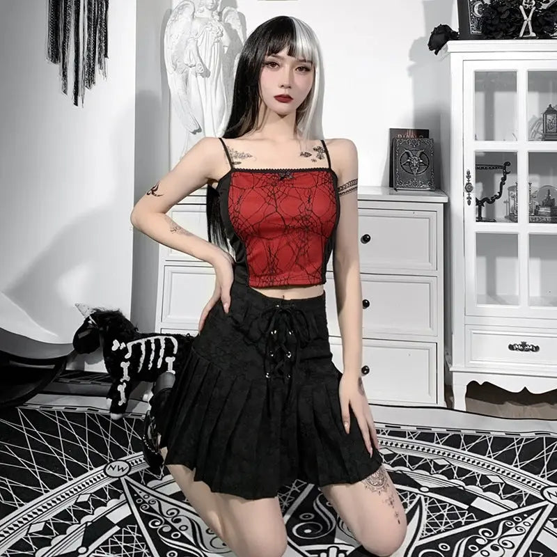 Gothic Cami Tops Y2K Aesthetic Grunge Mall Goth Crop Top Mesh Spider Net Lace Tank Lace Top E-girl Harajuku Slim Tees - SS69