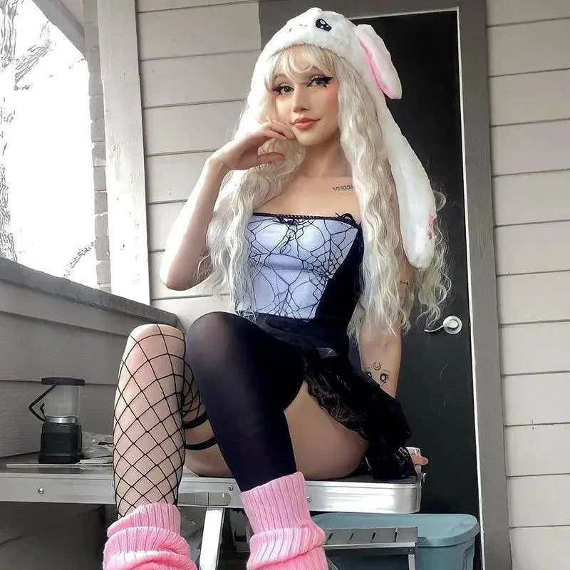 Gothic Cami Tops Y2K Aesthetic Grunge Mall Goth Crop Top Mesh Spider Net Lace Tank Lace Top E-girl Harajuku Slim Tees - SS69