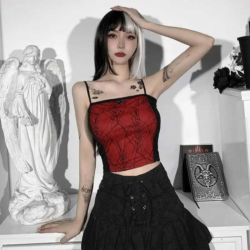 Gothic Cami Tops Y2K Aesthetic Grunge Mall Goth Crop Top Mesh Spider Net Lace Tank Lace Top E-girl Harajuku Slim Tees - SS69