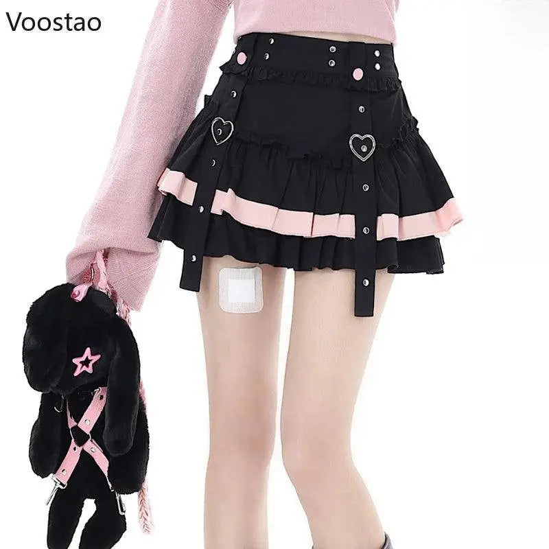 Gothic Lolita Style Mini Skirt Japanese Women Harajuku Y2k Ruffles Pleated Punk Short Skirts Girls Vintage Sweet Cool Cake Skirt - SS69