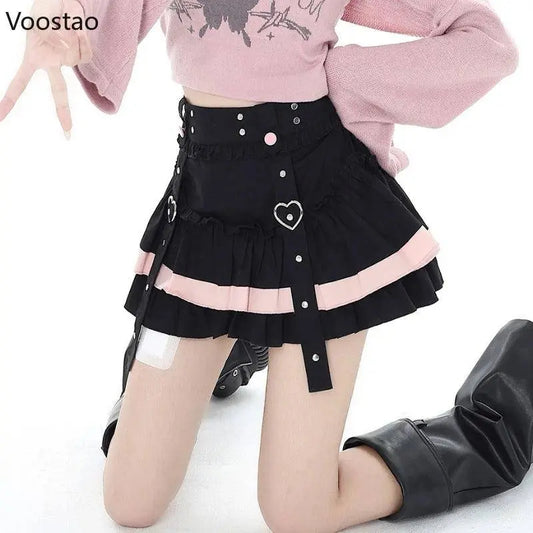 Gothic Lolita Style Mini Skirt Japanese Women Harajuku Y2k Ruffles Pleated Punk Short Skirts Girls Vintage Sweet Cool Cake Skirt - SS69