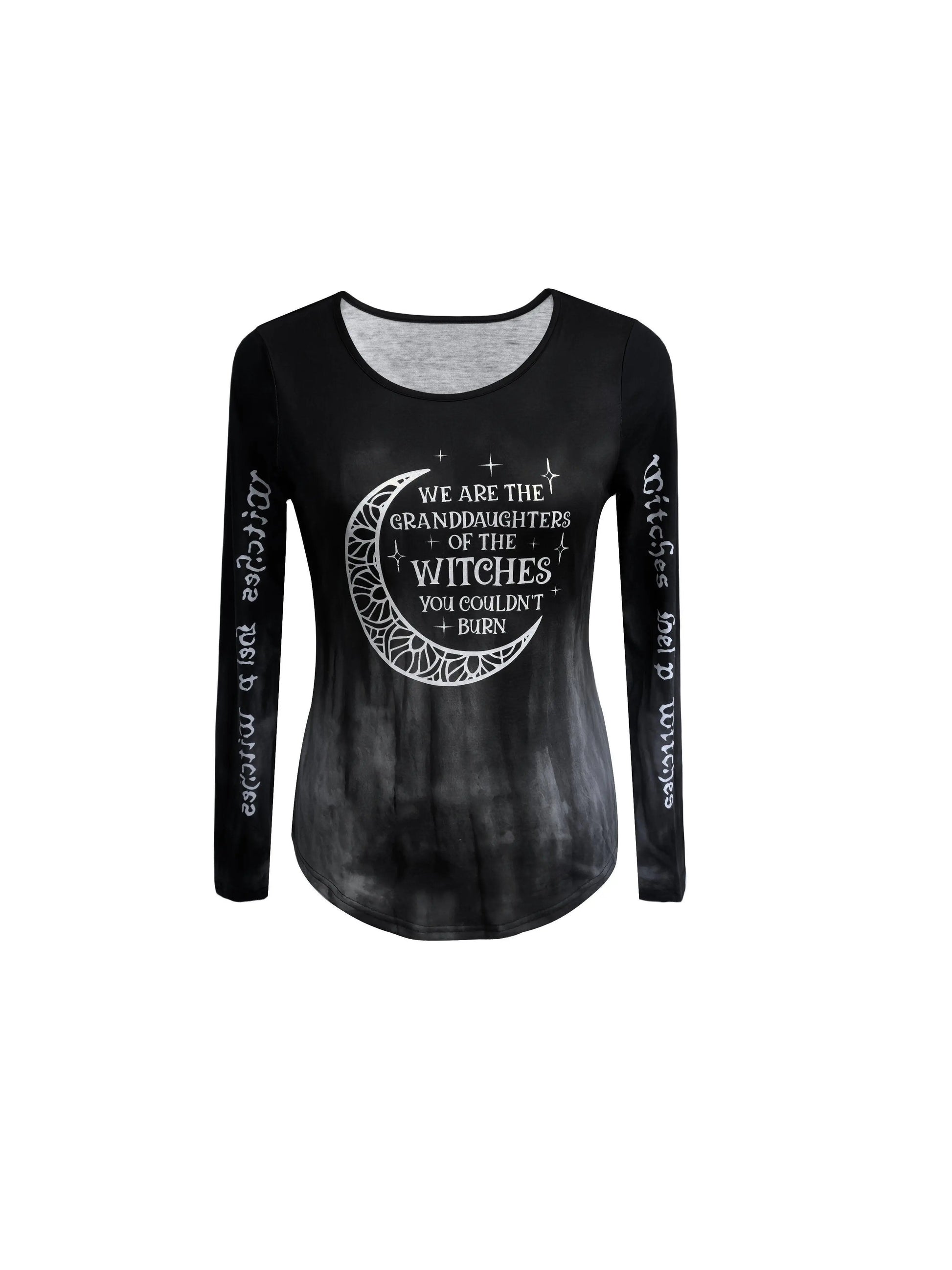 Gothic Moon & Letter Print Crew Neck T-shirt, Y2K Long Sleeve Top For Spring & Fall, Women's Clothing SS69