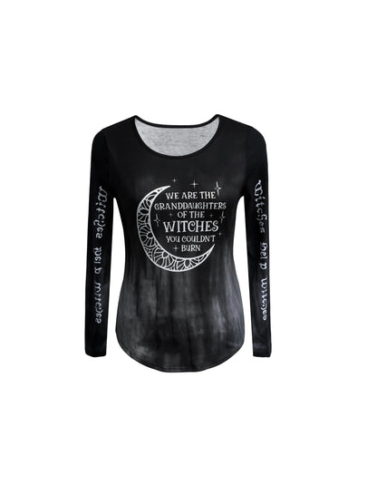 Gothic Moon & Letter Print Crew Neck T-shirt, Y2K Long Sleeve Top For Spring & Fall, Women's Clothing SS69