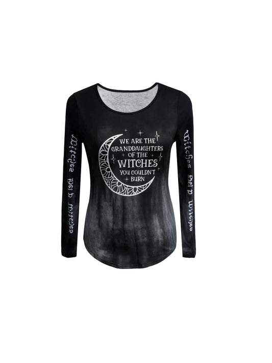 Gothic Moon & Letter Print Crew Neck T-shirt, Y2K Long Sleeve Top For Spring & Fall, Women's Clothing SS69