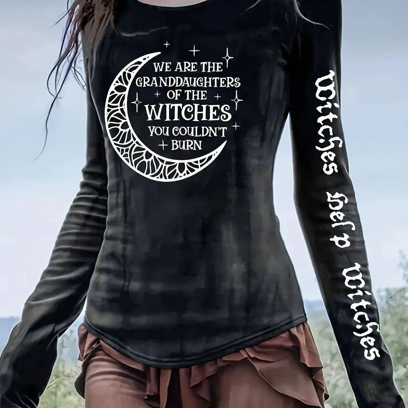 Gothic Moon & Letter Print Crew Neck T-shirt, Y2K Long Sleeve Top For Spring & Fall, Women's Clothing SS69 18.69 Black / XXL(50)