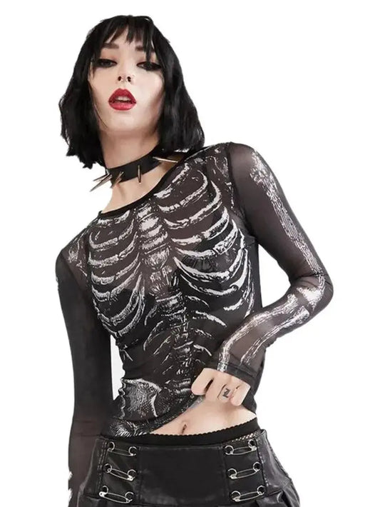 Gothic Punk Shirt 2000S Women Skeleton Pattern round Neck Long Sleeve Crop Top - SS69