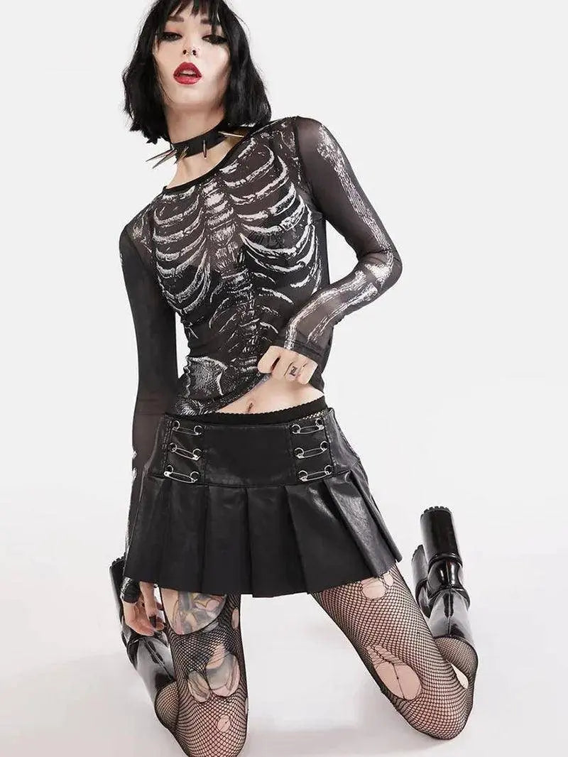 Gothic Punk Shirt 2000S Women Skeleton Pattern round Neck Long Sleeve Crop Top - SS69