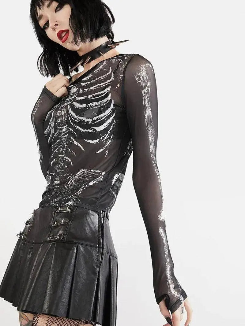 Gothic Punk Shirt 2000S Women Skeleton Pattern round Neck Long Sleeve Crop Top - SS69