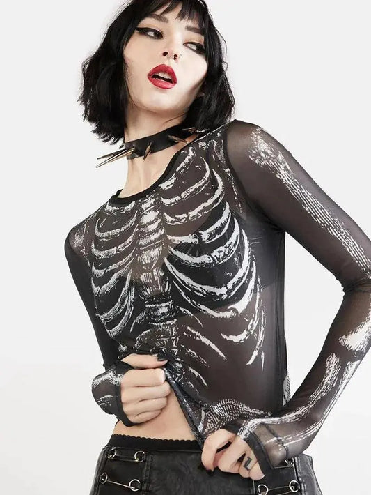 Gothic Punk Shirt 2000S Women Skeleton Pattern round Neck Long Sleeve Crop Top - SS69