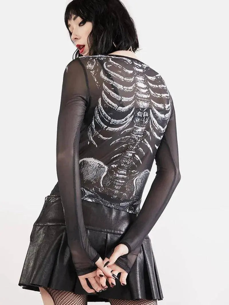 Gothic Punk Shirt 2000S Women Skeleton Pattern round Neck Long Sleeve Crop Top - SS69