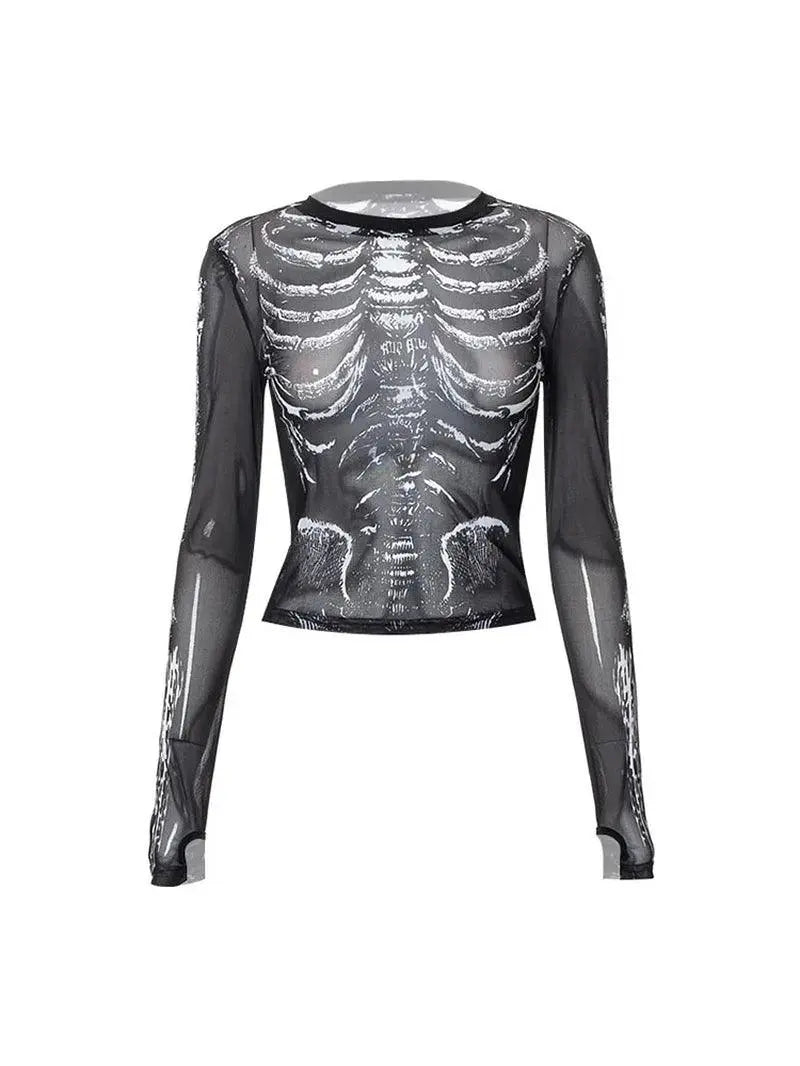 Gothic Punk Shirt 2000S Women Skeleton Pattern round Neck Long Sleeve Crop Top - SS69
