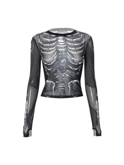 Gothic Punk Shirt 2000S Women Skeleton Pattern round Neck Long Sleeve Crop Top - SS69