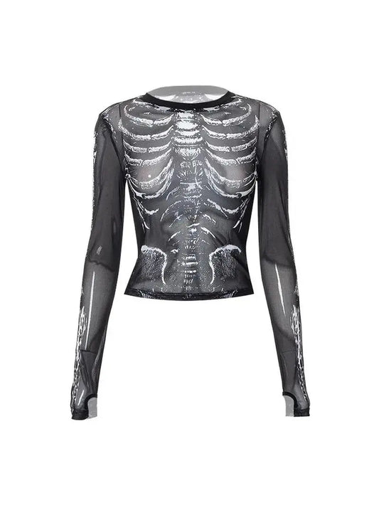 Gothic Punk Shirt 2000S Women Skeleton Pattern round Neck Long Sleeve Crop Top - SS69