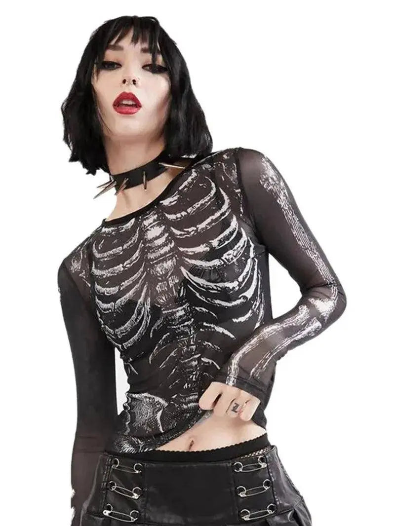 Gothic Punk Shirt 2000S Women Skeleton Pattern round Neck Long Sleeve Crop Top - SS69