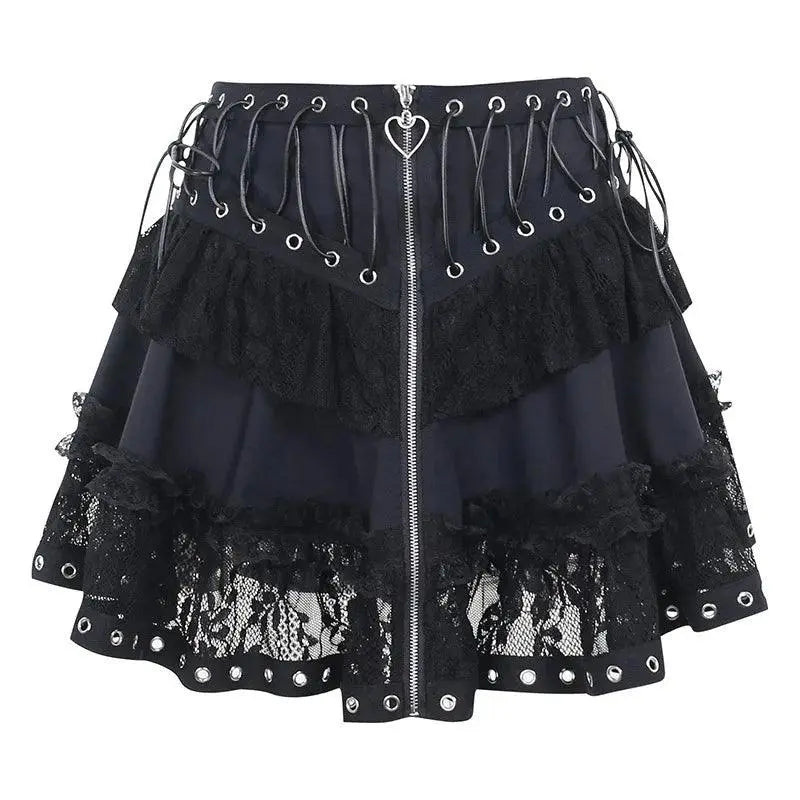 Gothic Skater Punk Vintage High Wasit Skirt Women's Zipper Front Japanese Style Kawaii Black Harajuku Cosplay Mini Skirts - SS69