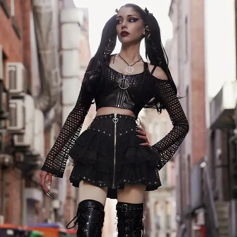 Gothic Skater Punk Vintage High Wasit Skirt Women's Zipper Front Japanese Style Kawaii Black Harajuku Cosplay Mini Skirts SS69