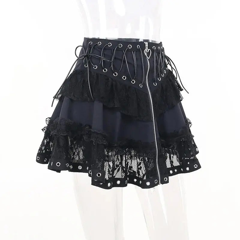 Gothic Skater Punk Vintage High Wasit Skirt Women's Zipper Front Japanese Style Kawaii Black Harajuku Cosplay Mini Skirts SS69