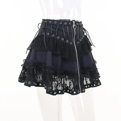 Gothic Skater Punk Vintage High Wasit Skirt Women's Zipper Front Japanese Style Kawaii Black Harajuku Cosplay Mini Skirts SS69