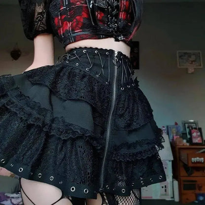 Gothic Skater Punk Vintage High Wasit Skirt Women's Zipper Front Japanese Style Kawaii Black Harajuku Cosplay Mini Skirts SS69