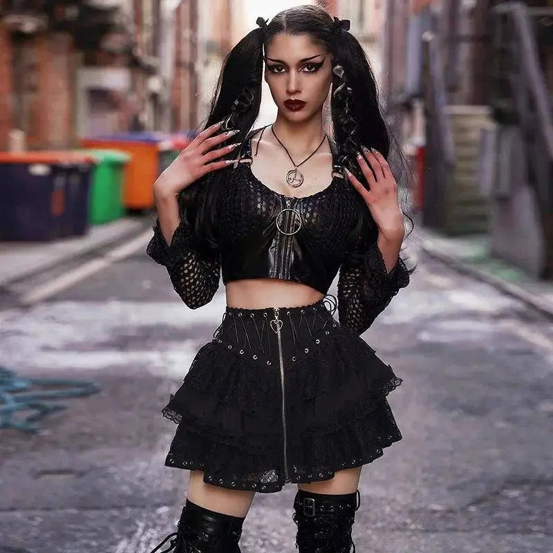 Gothic Skater Punk Vintage High Wasit Skirt Women's Zipper Front Japanese Style Kawaii Black Harajuku Cosplay Mini Skirts SS69