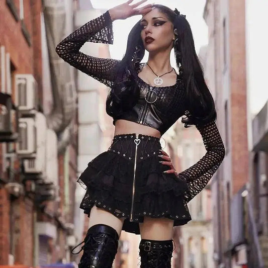 Gothic Skater Punk Vintage High Wasit Skirt Women's Zipper Front Japanese Style Kawaii Black Harajuku Cosplay Mini Skirts SS69