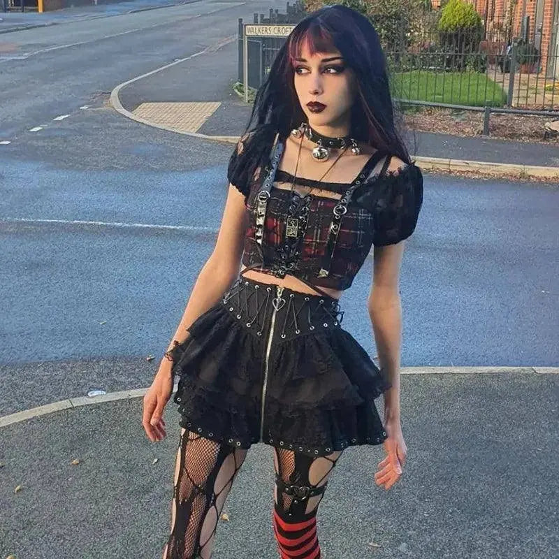 Gothic Skater Punk Vintage High Wasit Skirt Women's Zipper Front Japanese Style Kawaii Black Harajuku Cosplay Mini Skirts SS69