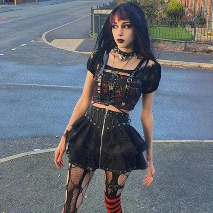 Gothic Skater Punk Vintage High Wasit Skirt Women's Zipper Front Japanese Style Kawaii Black Harajuku Cosplay Mini Skirts SS69