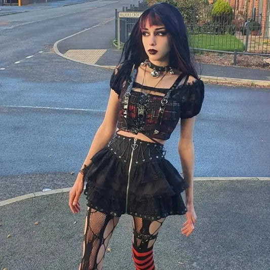 Gothic Skater Punk Vintage High Wasit Skirt Women's Zipper Front Japanese Style Kawaii Black Harajuku Cosplay Mini Skirts SS69