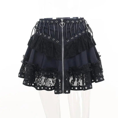 Gothic Skater Punk Vintage High Wasit Skirt Women's Zipper Front Japanese Style Kawaii Black Harajuku Cosplay Mini Skirts SS69