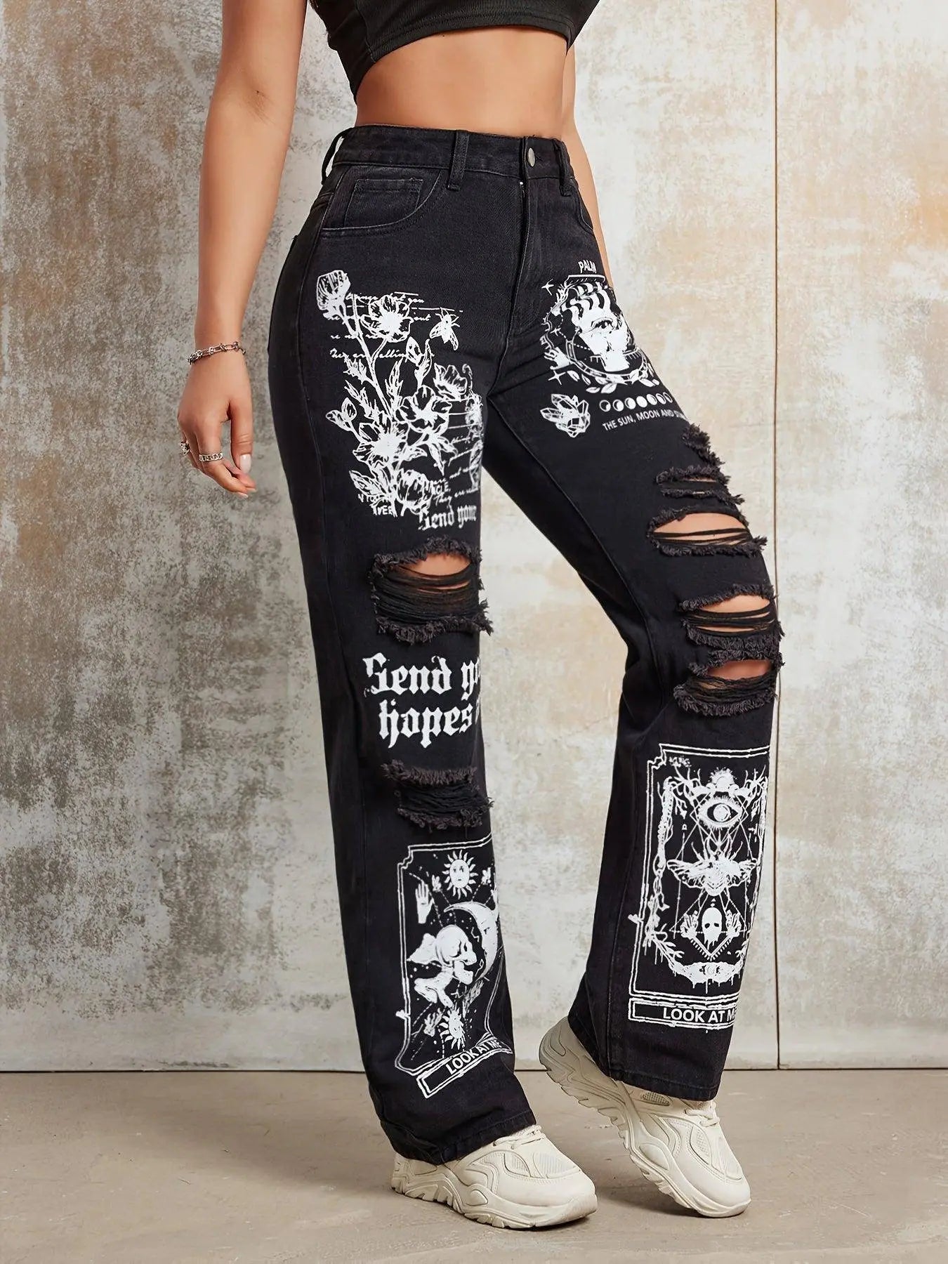 Gothic Skeleton Letter Moon Print Jeans, Ripped High Rise Straight Leg Punk Y2K Streetwear Denim Pants, Women's Denim Jeans & Clothing - SS69