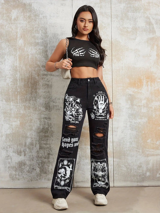 Gothic Skeleton Letter Moon Print Jeans, Ripped High Rise Straight Leg Punk Y2K Streetwear Denim Pants, Women's Denim Jeans & Clothing - SS69