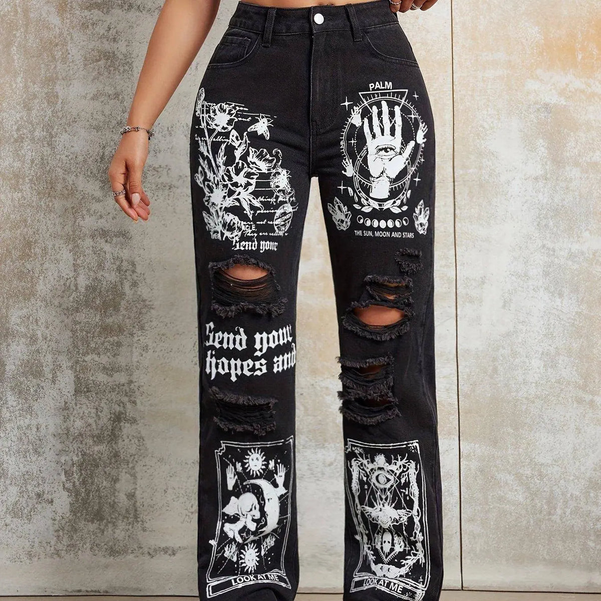 Gothic Skeleton Letter Moon Print Jeans, Ripped High Rise Straight Leg Punk Y2K Streetwear Denim Pants, Women's Denim Jeans & Clothing - SS69