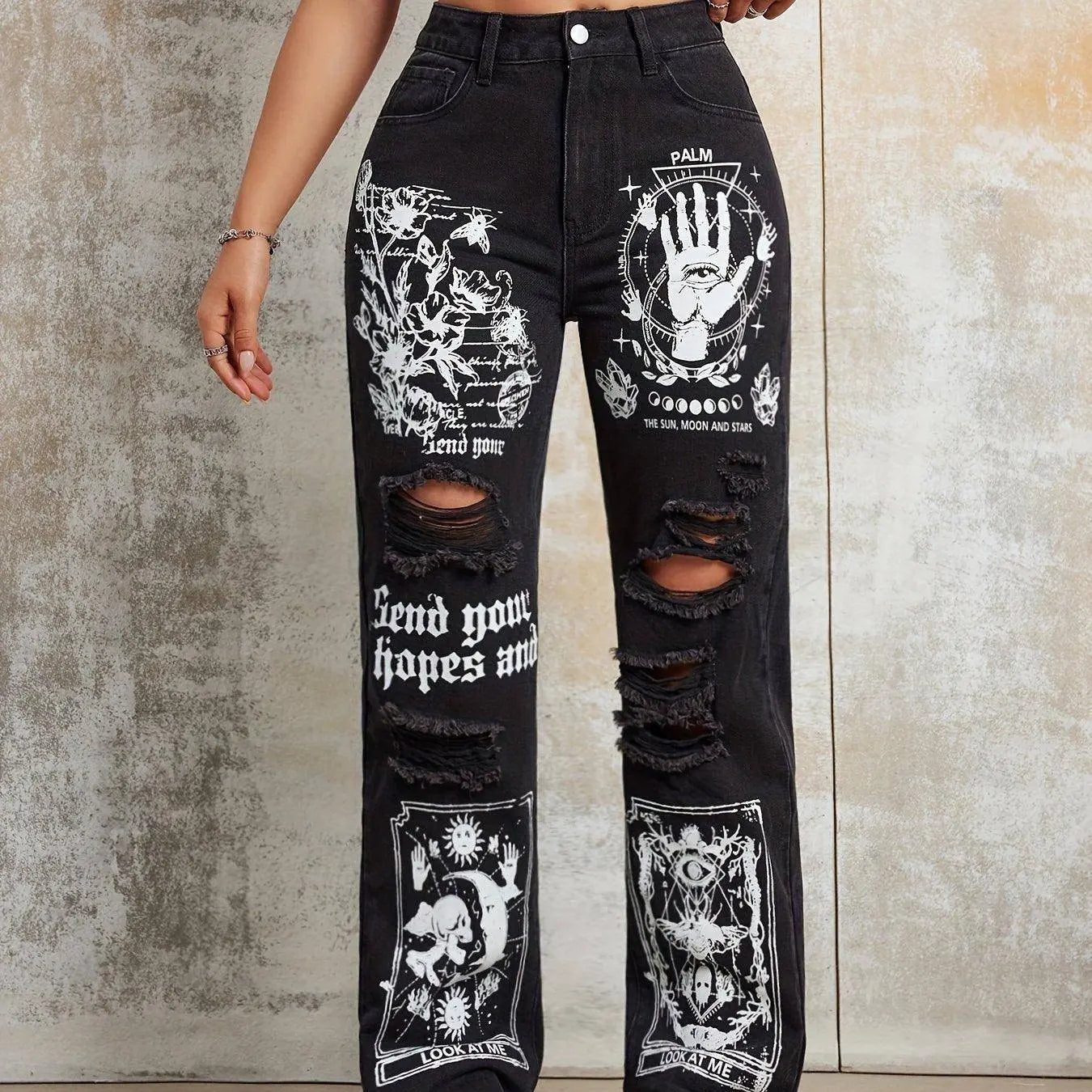 Gothic Skeleton Letter Moon Print Jeans, Ripped High Rise Straight Leg Punk Y2K Streetwear Denim Pants, Women's Denim Jeans & Clothing - SS69