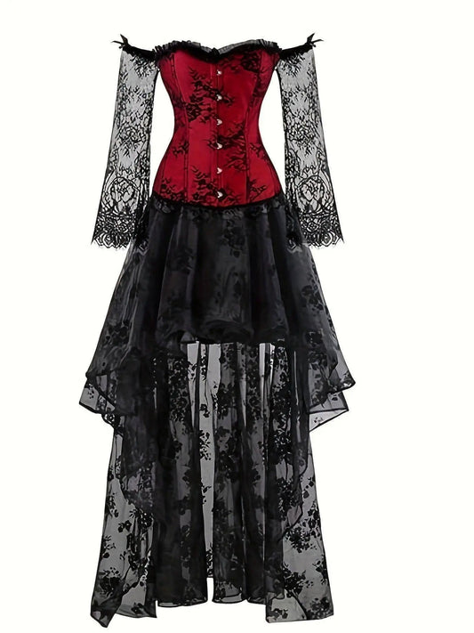 Gothic Style Off Shoulder Costumes, Vintage Contrast Lace Button Decor Carnival Costume, Women's Clothing - SS69