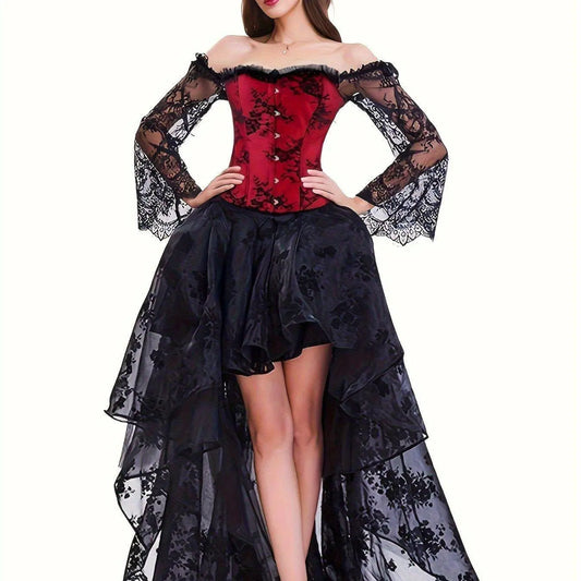 Gothic Style Off Shoulder Costumes, Vintage Contrast Lace Button Decor Carnival Costume, Women's Clothing - SS69