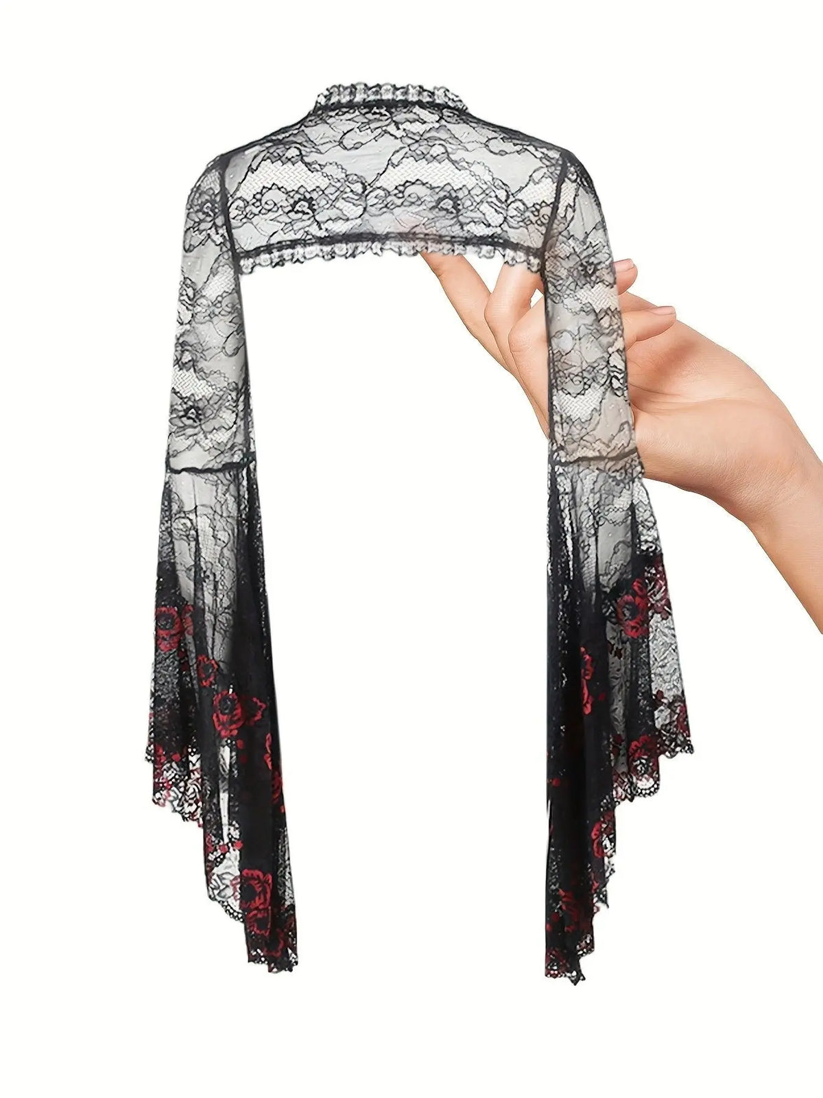 Gothic Style Semi-transparent Guipure Lace Top, Vintage Flare Sleeve Shawl Top For Performance & Halloween, Women's Clothing - SS69