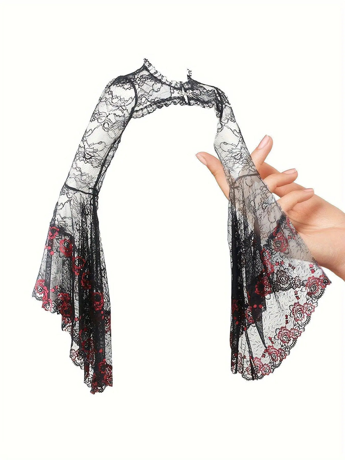 Gothic Style Semi-transparent Guipure Lace Top, Vintage Flare Sleeve Shawl Top For Performance & Halloween, Women's Clothing - SS69